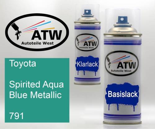 Toyota, Spirited Aqua Blue Metallic, 791: 400ml Sprühdose + 400ml Klarlack - Set, von ATW Autoteile West.